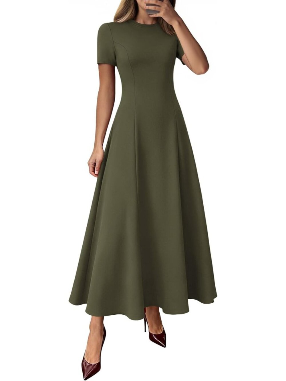 Women's Army Green Crewneck Short Sleeve A Line High Waist Wedding Maxi Dresses